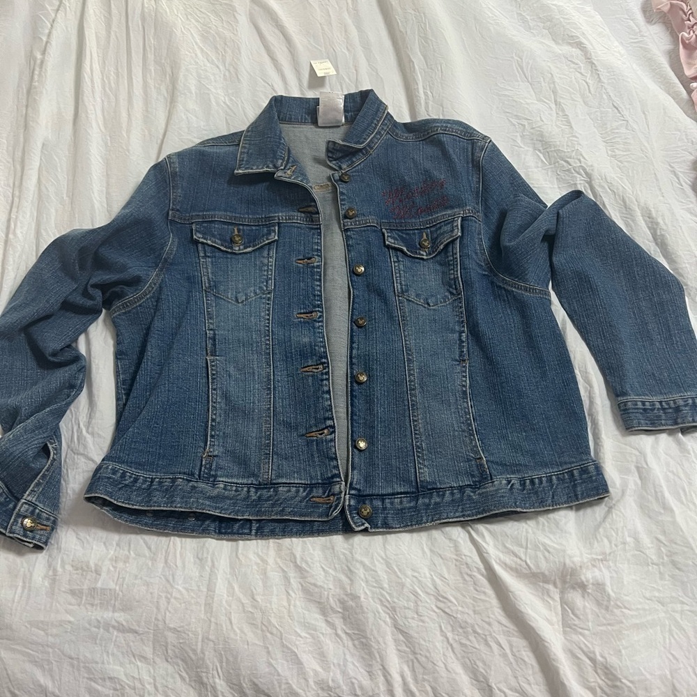 Disney Store Retro Mickey Mouse Painted Back Rhinestone Denim Trucker Ja…